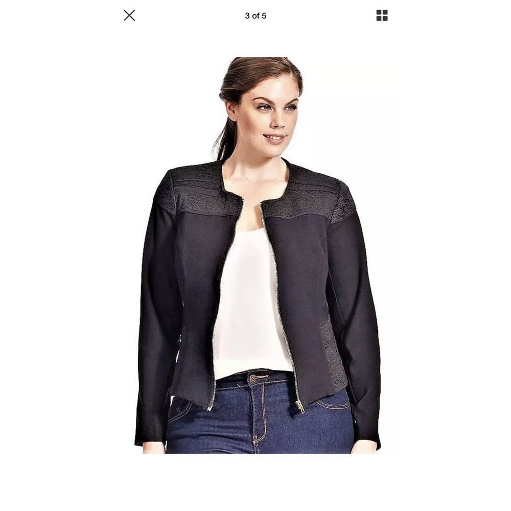 CJ Banks Stretchy Black Moto Jacket Faux Leather Patches Size 1X